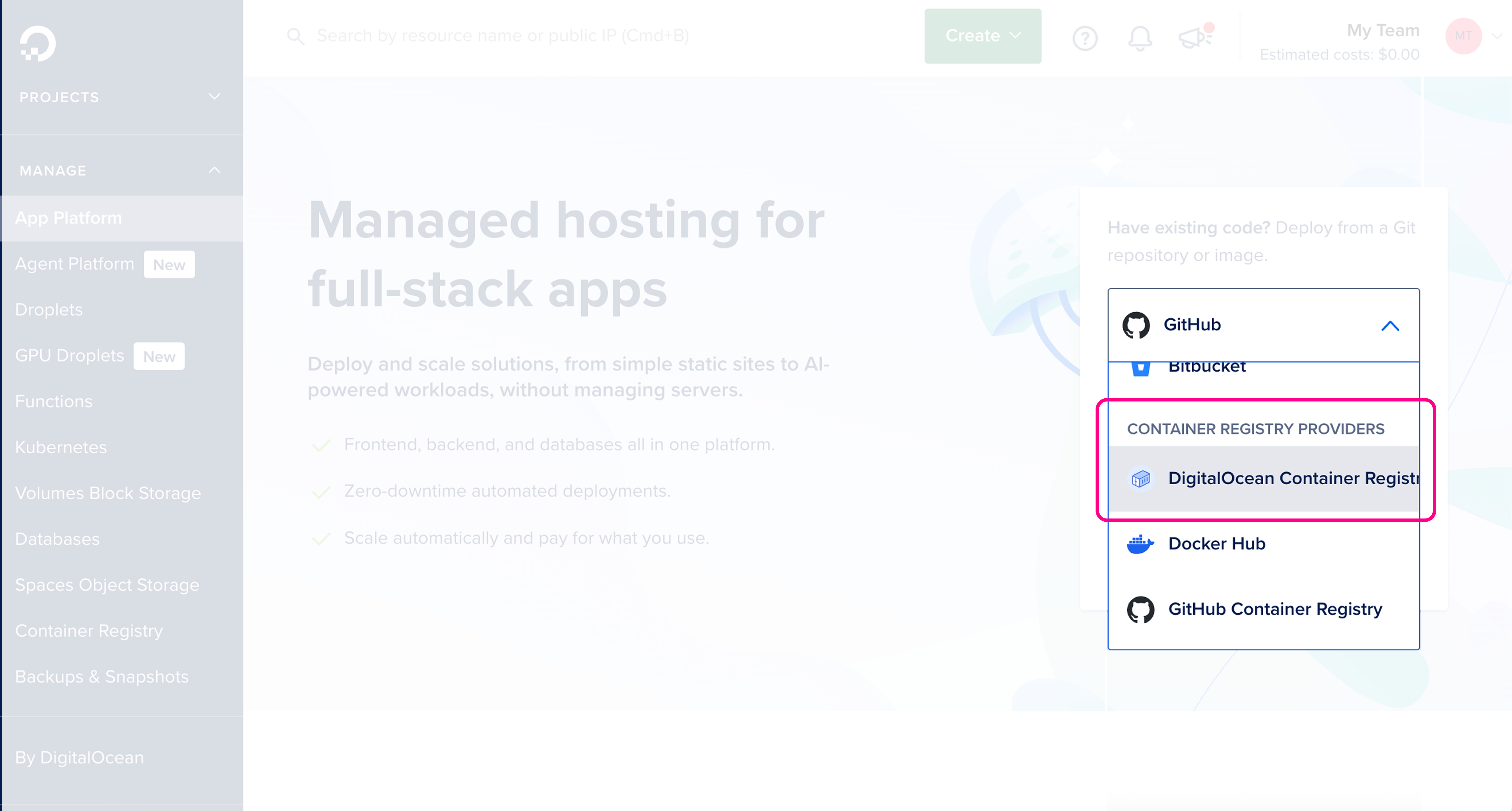 DigitalOcean App Platform project dashboard